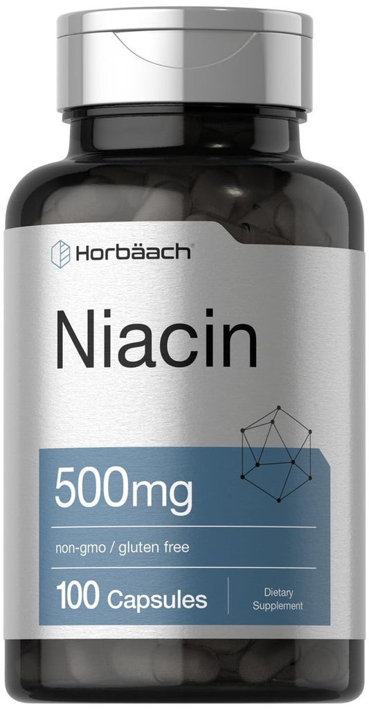 Horbäach Niacin | Vitamin B3 500mg | 100 Kapseln | mit Flush | Non-GMO, glutenfrei