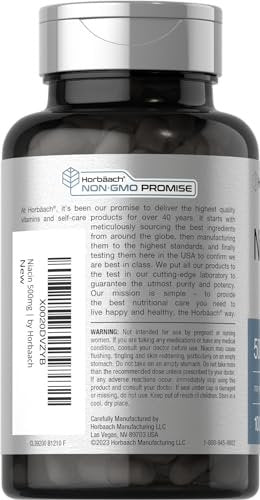 Horbäach Niacin | Vitamin B3 500mg | 100 Kapseln | mit Flush | Non-GMO, glutenfrei