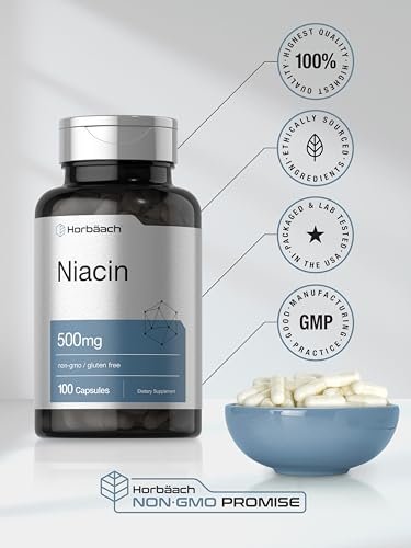 Horbäach Niacin | Vitamin B3 500mg | 100 Kapseln | mit Flush | Non-GMO, glutenfrei