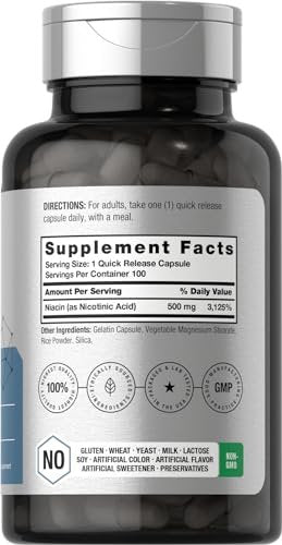 Horbäach Niacin | Vitamin B3 500mg | 100 Kapseln | mit Flush | Non-GMO, glutenfrei