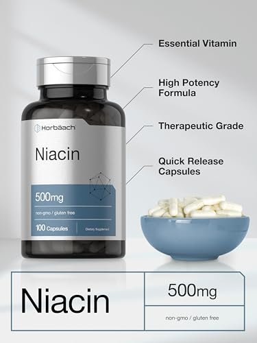 Horbäach Niacin | Vitamin B3 500mg | 100 Kapseln | mit Flush | Non-GMO, glutenfrei