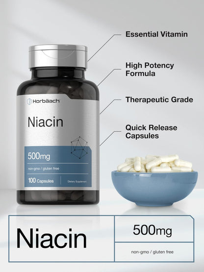 Horbäach Niacin | Vitamin B3 500mg | 100 Kapseln | mit Flush | Non-GMO, glutenfrei