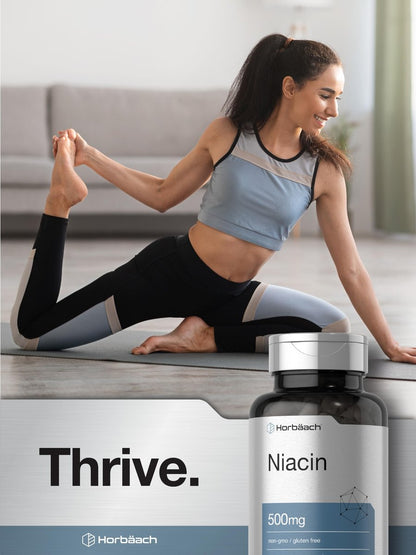 Horbäach Niacin | Vitamin B3 500mg | 100 Kapseln | mit Flush | Non-GMO, glutenfrei