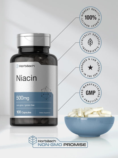 Horbäach Niacin | Vitamin B3 500mg | 100 Kapseln | mit Flush | Non-GMO, glutenfrei