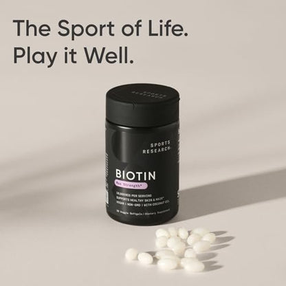 Sports Research® Biotin 10.000 mcg mit Bio-Kokosöl – Vitamin B7 für gesunde Haut und Haare* – Vegan, Non-GMO, gluten- & sojafrei – 30 vegane Weichkapseln