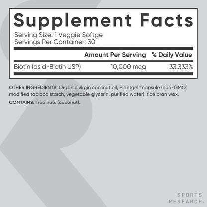 Sports Research® Biotin 10.000 mcg mit Bio-Kokosöl – Vitamin B7 für gesunde Haut und Haare* – Vegan, Non-GMO, gluten- & sojafrei – 30 vegane Weichkapseln