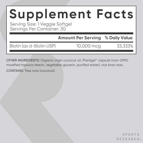Sports Research® Biotin 10.000 mcg mit Bio-Kokosöl – Vitamin B7 für gesunde Haut und Haare* – Vegan, Non-GMO, gluten- & sojafrei – 30 vegane Weichkapseln