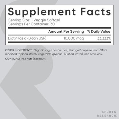 Sports Research® Biotin 10.000 mcg mit Bio-Kokosöl – Vitamin B7 für gesunde Haut und Haare* – Vegan, Non-GMO, gluten- & sojafrei – 30 vegane Weichkapseln