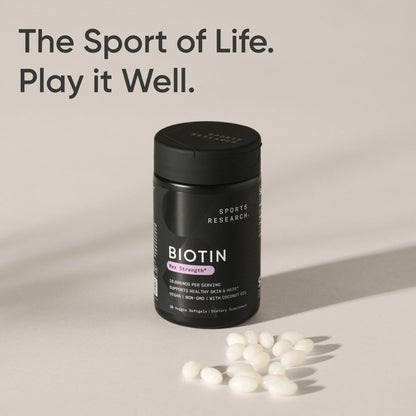 Sports Research® Biotin 10.000 mcg mit Bio-Kokosöl – Vitamin B7 für gesunde Haut und Haare* – Vegan, Non-GMO, gluten- & sojafrei – 30 vegane Weichkapseln