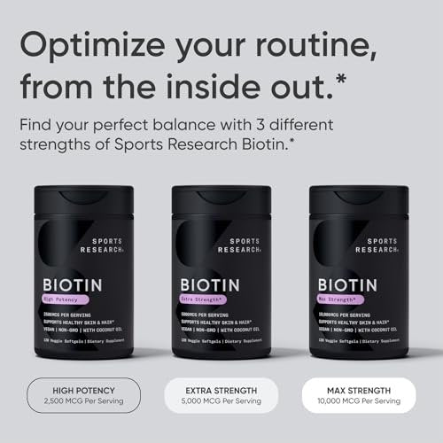 Sports Research® Biotin 10.000 mcg mit Bio-Kokosöl – Vitamin B7 für gesunde Haut und Haare* – Vegan, Non-GMO, gluten- & sojafrei – 30 vegane Weichkapseln