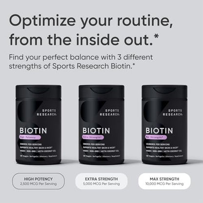 Sports Research® Biotin 10.000 mcg mit Bio-Kokosöl – Vitamin B7 für gesunde Haut und Haare* – Vegan, Non-GMO, gluten- & sojafrei – 30 vegane Weichkapseln