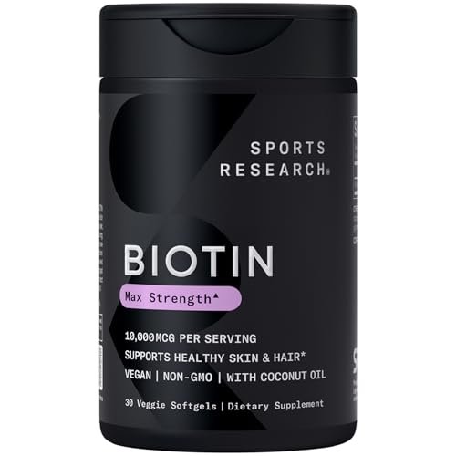 Sports Research® Biotin 10.000 mcg mit Bio-Kokosöl – Vitamin B7 für gesunde Haut und Haare* – Vegan, Non-GMO, gluten- & sojafrei – 30 vegane Weichkapseln