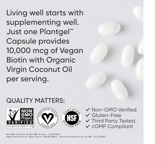 Sports Research® Biotin 10.000 mcg mit Bio-Kokosöl – Vitamin B7 für gesunde Haut und Haare* – Vegan, Non-GMO, gluten- & sojafrei – 30 vegane Weichkapseln