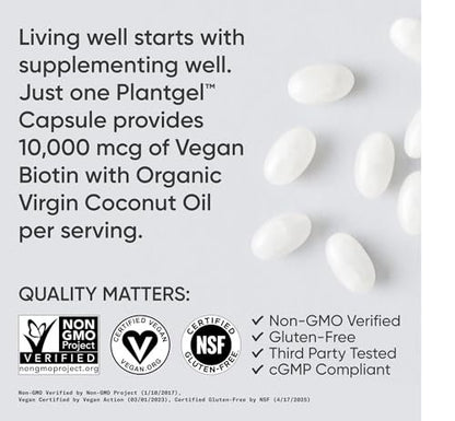 Sports Research® Biotin 10.000 mcg mit Bio-Kokosöl – Vitamin B7 für gesunde Haut und Haare* – Vegan, Non-GMO, gluten- & sojafrei – 30 vegane Weichkapseln