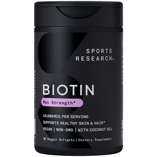 Sports Research® Biotin 10.000 mcg mit Bio-Kokosöl – Vitamin B7 für gesunde Haut und Haare* – Vegan, Non-GMO, gluten- & sojafrei – 30 vegane Weichkapseln