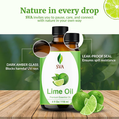 SVA Bio-Limette Ätherisches Öl – 118 ml – 100 % natürliches Limettenöl – für Diffuser, Haarpflege, Gesicht, Hautpflege, Aromatherapie, Kopfhaut- und Körpermassage, Seifen- und Kerzenherstellung – mit Pipette