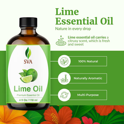 SVA Bio-Limette Ätherisches Öl – 118 ml – 100 % natürliches Limettenöl – für Diffuser, Haarpflege, Gesicht, Hautpflege, Aromatherapie, Kopfhaut- und Körpermassage, Seifen- und Kerzenherstellung – mit Pipette