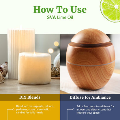 SVA Bio-Limette Ätherisches Öl – 118 ml – 100 % natürliches Limettenöl – für Diffuser, Haarpflege, Gesicht, Hautpflege, Aromatherapie, Kopfhaut- und Körpermassage, Seifen- und Kerzenherstellung – mit Pipette