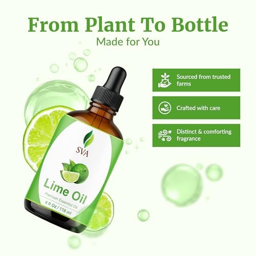 SVA Bio-Limette Ätherisches Öl – 118 ml – 100 % natürliches Limettenöl – für Diffuser, Haarpflege, Gesicht, Hautpflege, Aromatherapie, Kopfhaut- und Körpermassage, Seifen- und Kerzenherstellung – mit Pipette