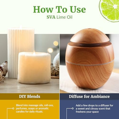 SVA Bio-Limette Ätherisches Öl – 118 ml – 100 % natürliches Limettenöl – für Diffuser, Haarpflege, Gesicht, Hautpflege, Aromatherapie, Kopfhaut- und Körpermassage, Seifen- und Kerzenherstellung – mit Pipette