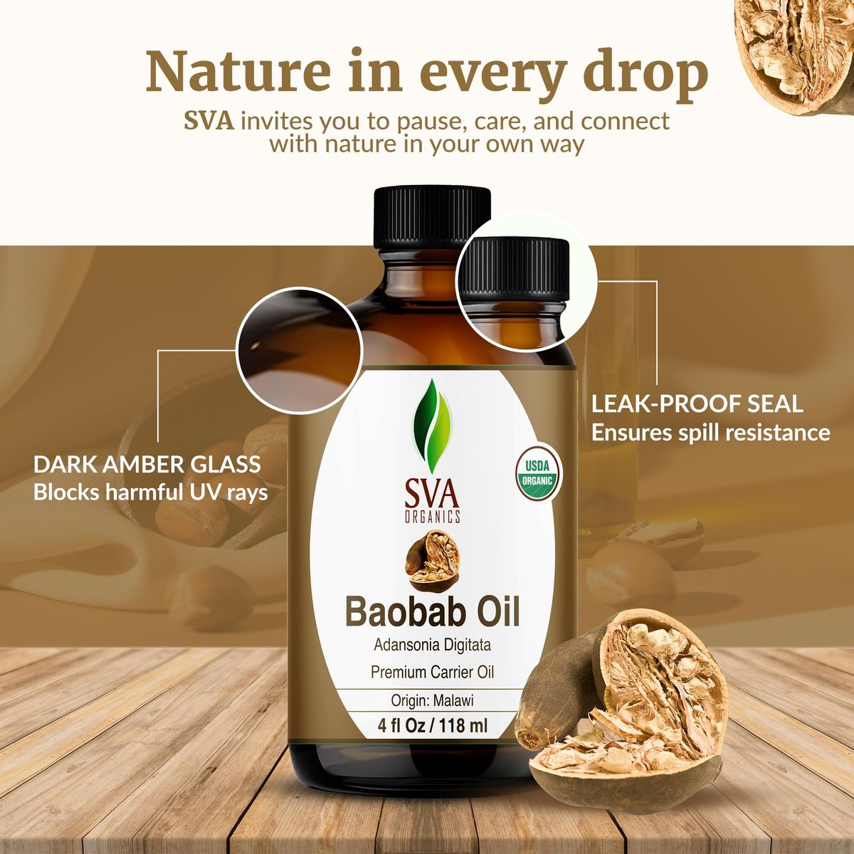 SVA Baobab Samenöl Bio - 118 ml – 100% natürlich kaltgepresstes Bio-Baobaböl – für Gesicht, Hautpflege, Haarpflege, Kopfhautmassage & Körpermassage – Trägeröl mit Pipette