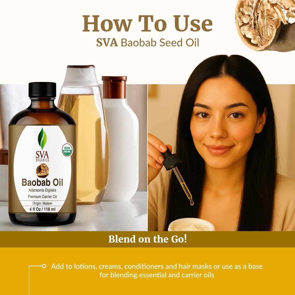 SVA Baobab Samenöl Bio - 118 ml – 100% natürlich kaltgepresstes Bio-Baobaböl – für Gesicht, Hautpflege, Haarpflege, Kopfhautmassage & Körpermassage – Trägeröl mit Pipette