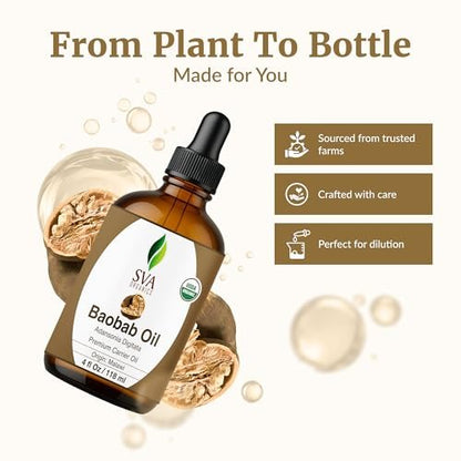 SVA Baobab Samenöl Bio - 118 ml – 100% natürlich kaltgepresstes Bio-Baobaböl – für Gesicht, Hautpflege, Haarpflege, Kopfhautmassage & Körpermassage – Trägeröl mit Pipette