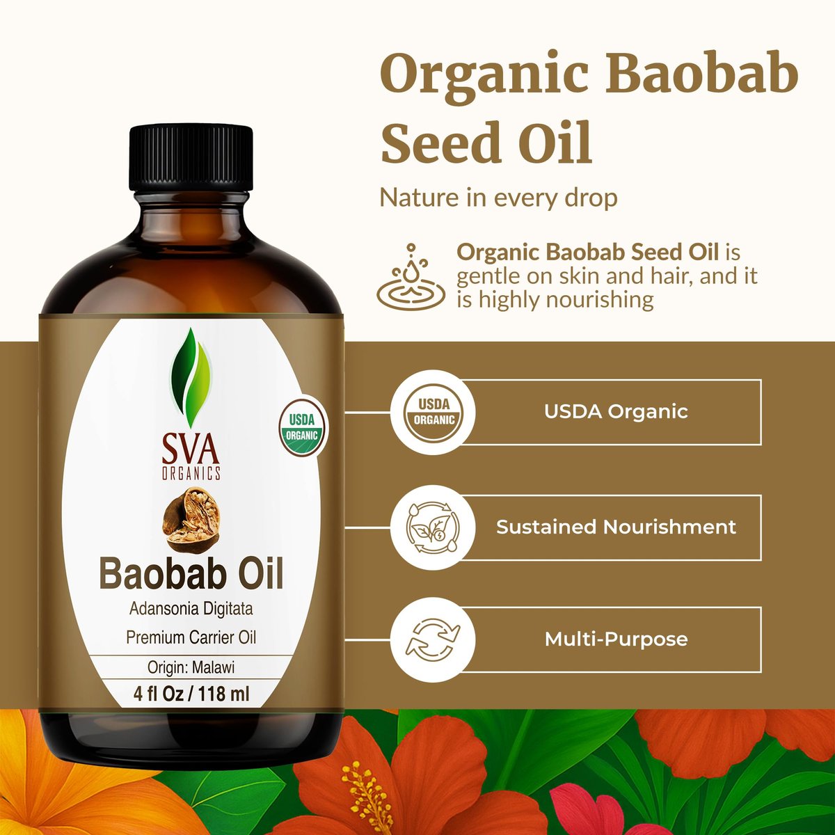 SVA Baobab Samenöl Bio - 118 ml – 100% natürlich kaltgepresstes Bio-Baobaböl – für Gesicht, Hautpflege, Haarpflege, Kopfhautmassage & Körpermassage – Trägeröl mit Pipette
