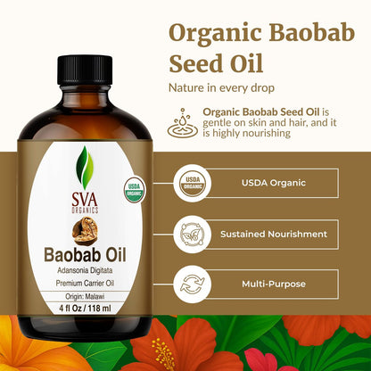 SVA Baobab Samenöl Bio - 118 ml – 100% natürlich kaltgepresstes Bio-Baobaböl – für Gesicht, Hautpflege, Haarpflege, Kopfhautmassage & Körpermassage – Trägeröl mit Pipette