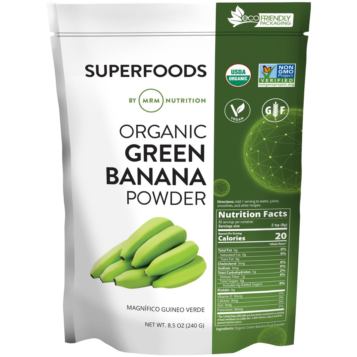 MRM Bio-Grünes Bananenpulver Superfood – Präbiotische Ballaststoffe, resistente Stärke, Mehlalternative zum Backen, Kochen und für Shakes, glutenfrei, vegan, Non-GMO verifiziert – 40 Portionen
