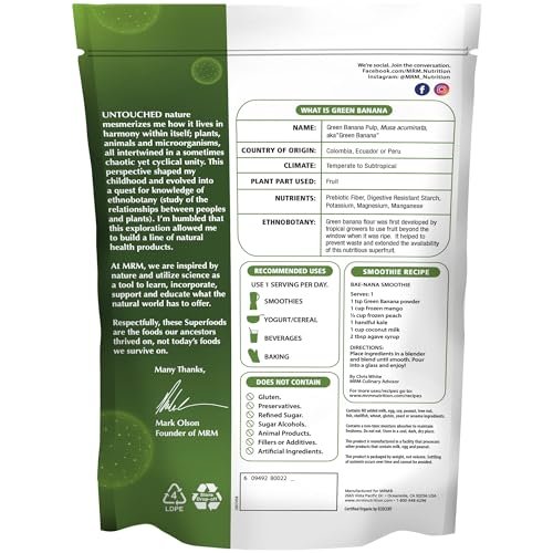 MRM Bio-Grünes Bananenpulver Superfood – Präbiotische Ballaststoffe, resistente Stärke, Mehlalternative zum Backen, Kochen und für Shakes, glutenfrei, vegan, Non-GMO verifiziert – 40 Portionen