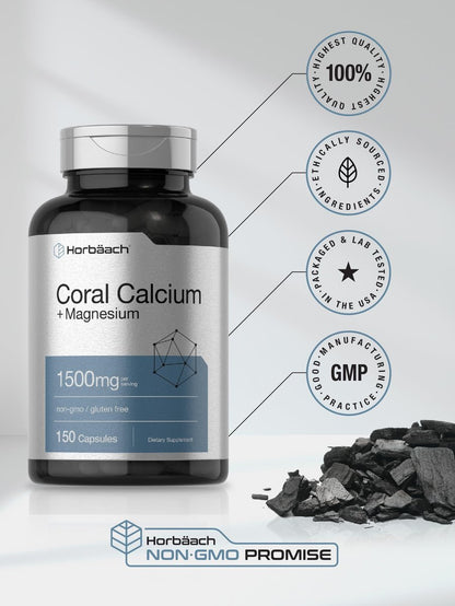 Horbäach Korallenkalzium 1500mg Kapseln | 150 Stück | Mit Magnesium | Non-GMO & Glutenfrei