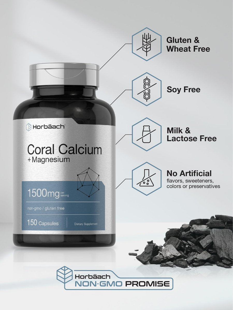 Horbäach Korallenkalzium 1500mg Kapseln | 150 Stück | Mit Magnesium | Non-GMO & Glutenfrei