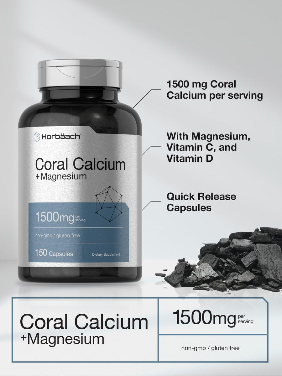Horbäach Korallenkalzium 1500mg Kapseln | 150 Stück | Mit Magnesium | Non-GMO & Glutenfrei