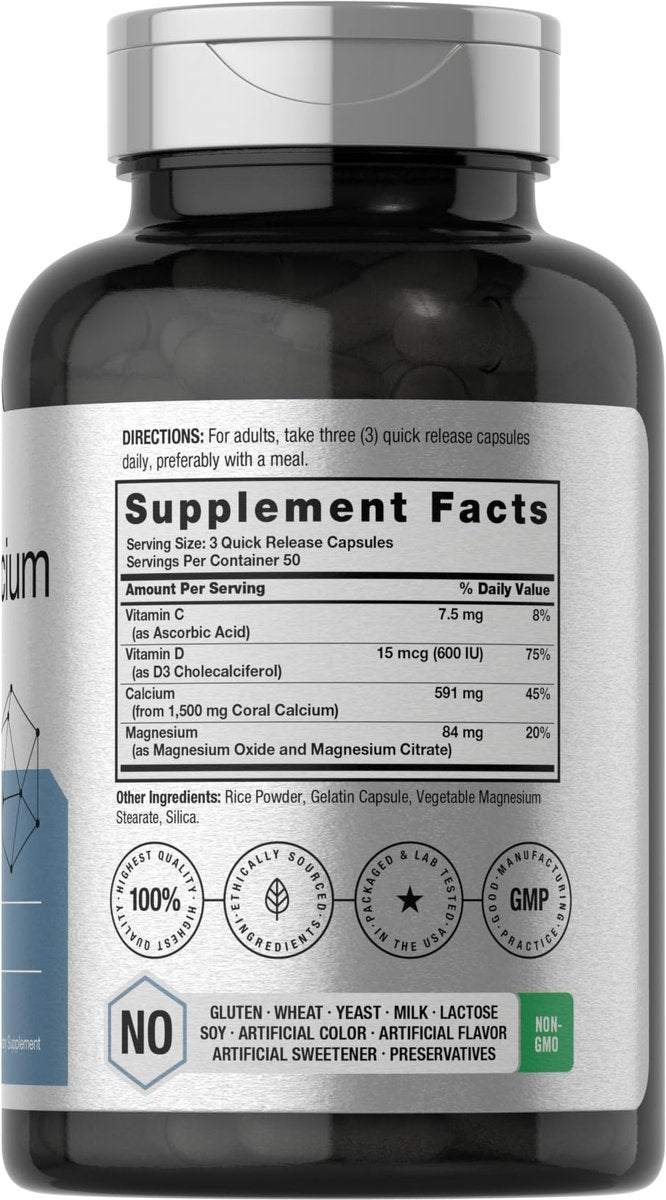 Horbäach Korallenkalzium 1500mg Kapseln | 150 Stück | Mit Magnesium | Non-GMO & Glutenfrei