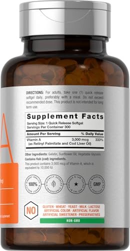 Horbäach Vitamin A 10000 IE Weichkapseln | 300 Stück | Nicht-GVO, Glutenfrei