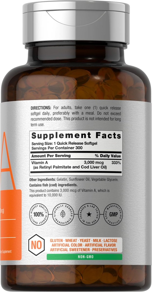 Horbäach Vitamin A 10000 IE Weichkapseln | 300 Stück | Nicht-GVO, Glutenfrei
