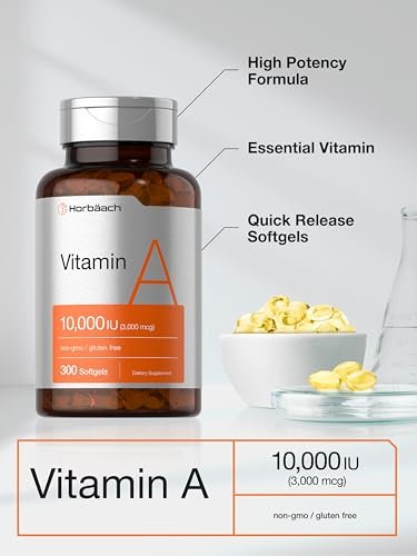 Horbäach Vitamin A 10000 IE Weichkapseln | 300 Stück | Nicht-GVO, Glutenfrei