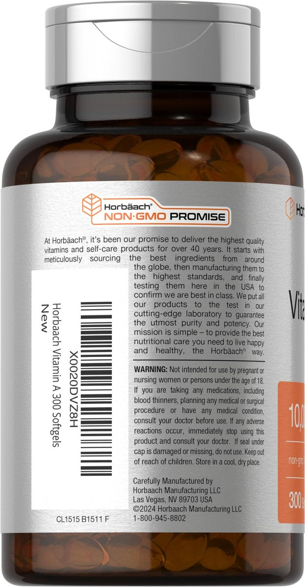 Horbäach Vitamin A 10000 IE Weichkapseln | 300 Stück | Nicht-GVO, Glutenfrei