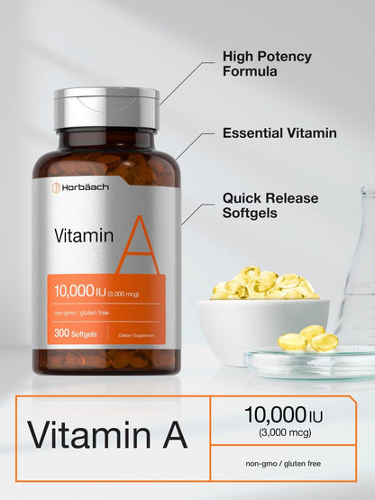 Horbäach Vitamin A 10000 IE Weichkapseln | 300 Stück | Nicht-GVO, Glutenfrei