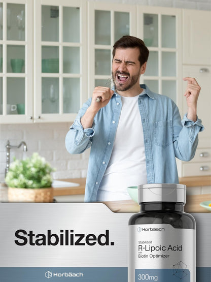 Horbäach Stabilisierte R-Liponsäure 300mg | 60 Kapseln | mit Biotin-Optimierer | Non-GMO, Glutenfrei | Na-RALA Nahrungsergänzungsmittel
