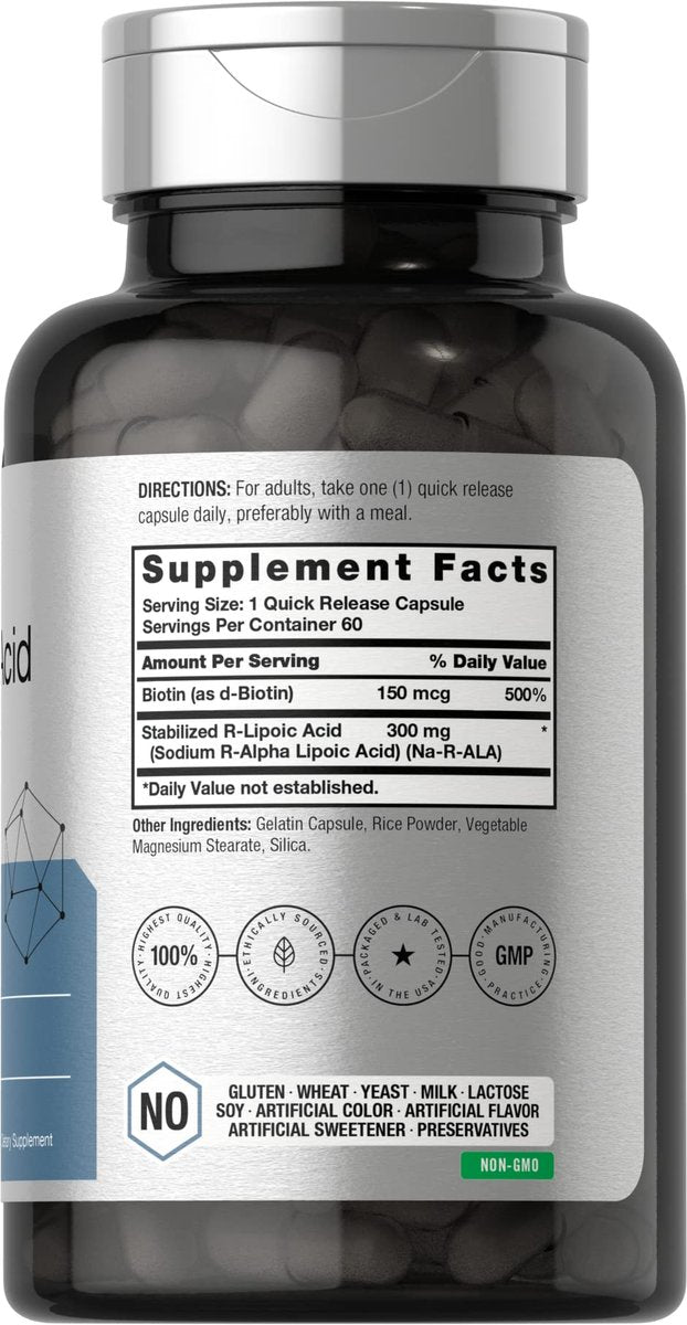 Horbäach Stabilisierte R-Liponsäure 300mg | 60 Kapseln | mit Biotin-Optimierer | Non-GMO, Glutenfrei | Na-RALA Nahrungsergänzungsmittel