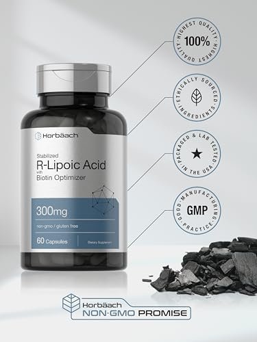 Horbäach Stabilisierte R-Liponsäure 300mg | 60 Kapseln | mit Biotin-Optimierer | Non-GMO, Glutenfrei | Na-RALA Nahrungsergänzungsmittel