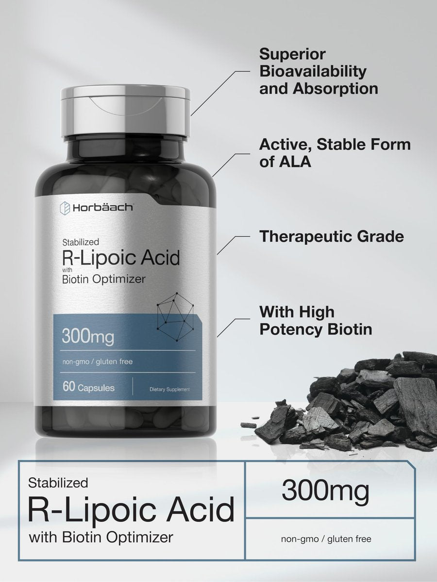 Horbäach Stabilisierte R-Liponsäure 300mg | 60 Kapseln | mit Biotin-Optimierer | Non-GMO, Glutenfrei | Na-RALA Nahrungsergänzungsmittel