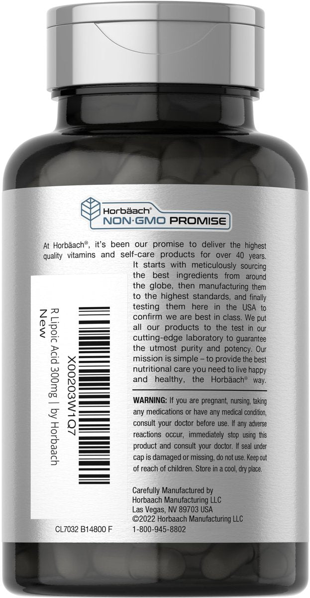 Horbäach Stabilisierte R-Liponsäure 300mg | 60 Kapseln | mit Biotin-Optimierer | Non-GMO, Glutenfrei | Na-RALA Nahrungsergänzungsmittel