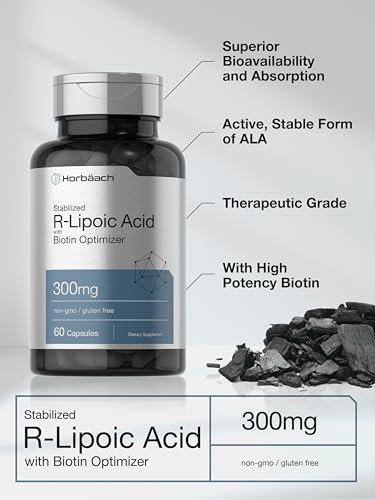 Horbäach Stabilisierte R-Liponsäure 300mg | 60 Kapseln | mit Biotin-Optimierer | Non-GMO, Glutenfrei | Na-RALA Nahrungsergänzungsmittel