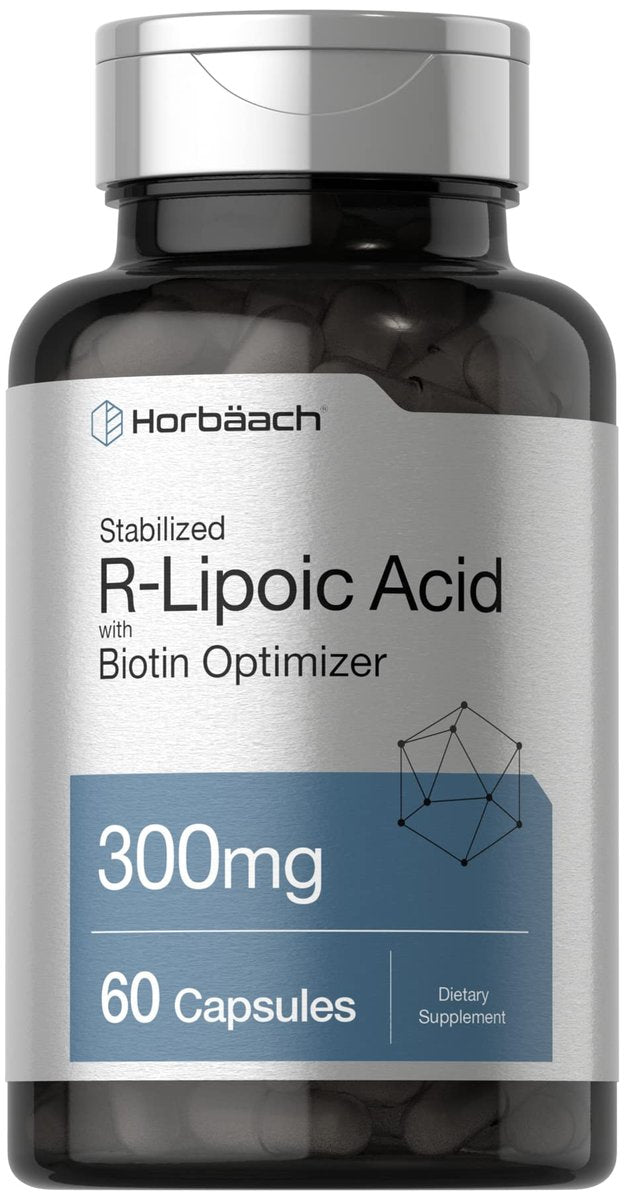 Horbäach Stabilisierte R-Liponsäure 300mg | 60 Kapseln | mit Biotin-Optimierer | Non-GMO, Glutenfrei | Na-RALA Nahrungsergänzungsmittel