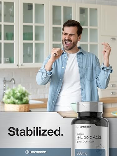 Horbäach Stabilisierte R-Liponsäure 300mg | 60 Kapseln | mit Biotin-Optimierer | Non-GMO, Glutenfrei | Na-RALA Nahrungsergänzungsmittel