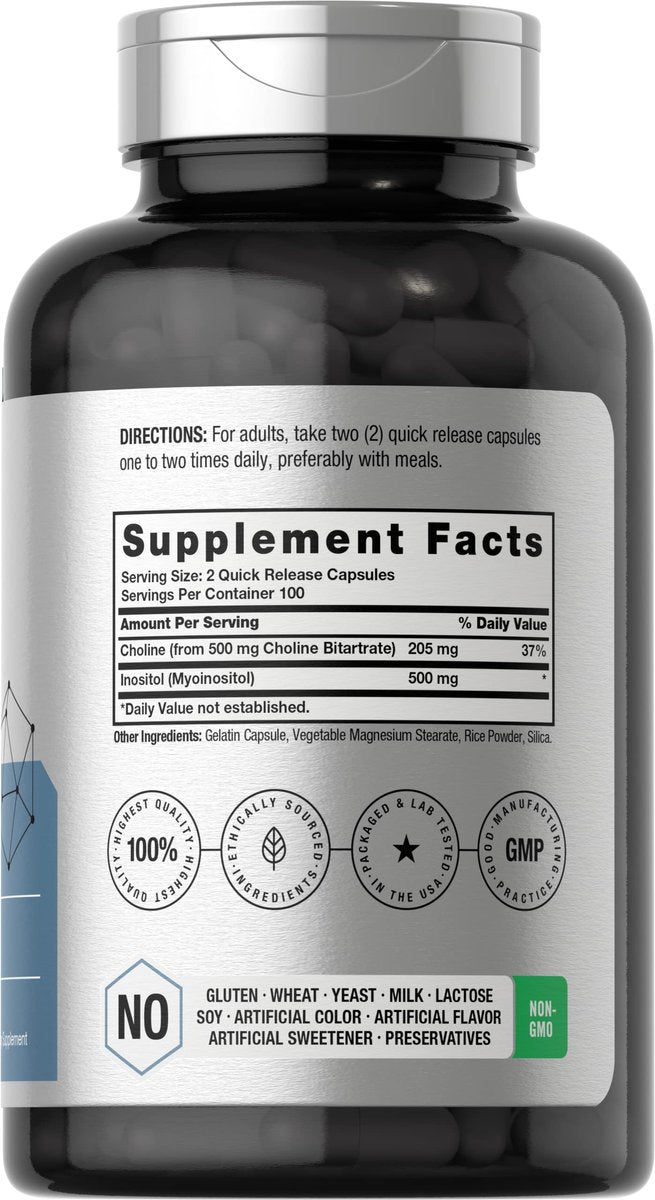Horbaach Cholin Inositol 1000 mg Nahrungsergänzungsmittel | 200 Kapseln | Nicht-GVO, Glutenfrei