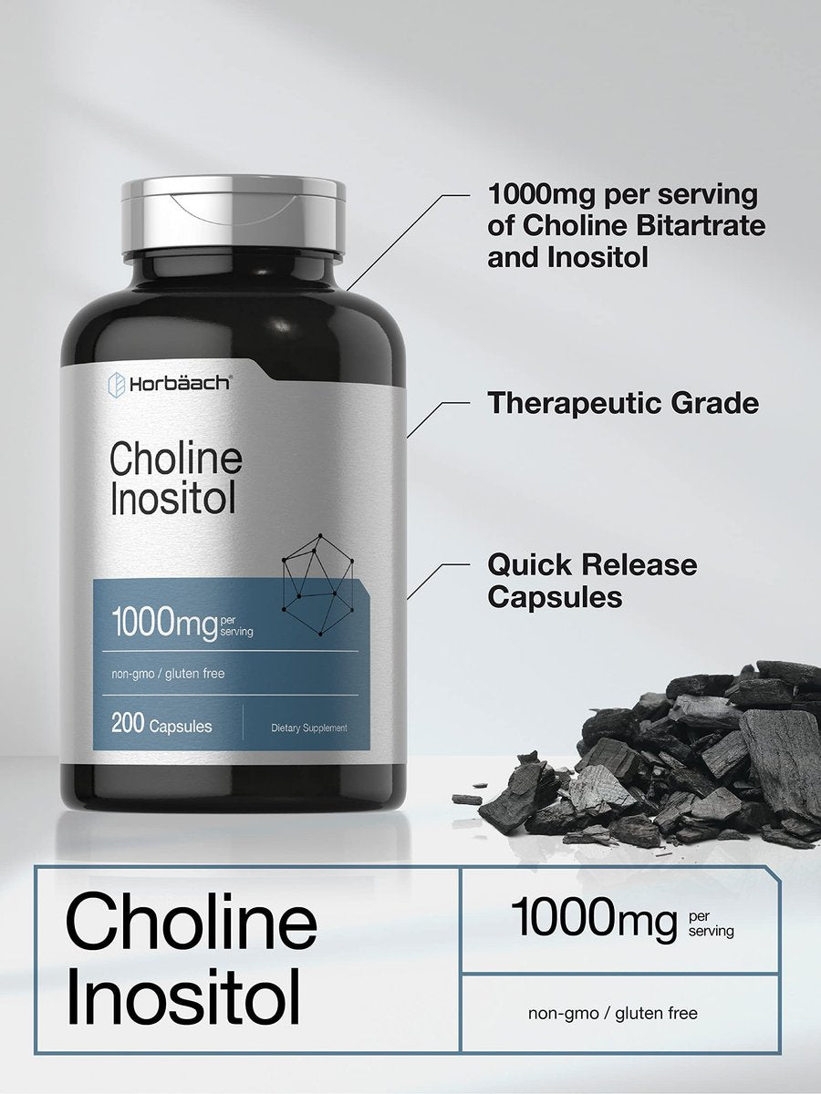 Horbaach Cholin Inositol 1000 mg Nahrungsergänzungsmittel | 200 Kapseln | Nicht-GVO, Glutenfrei